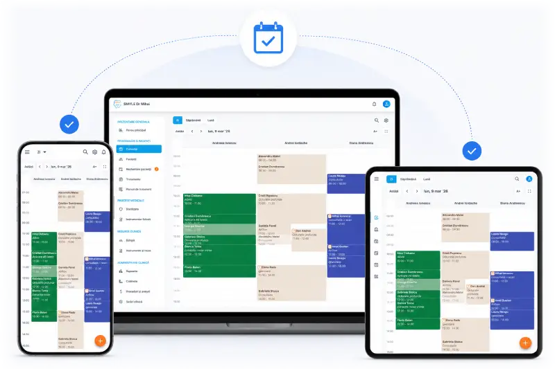 Calendar programări stomatologie accesat de pe telefon și tabletă în aplicația SMYLE