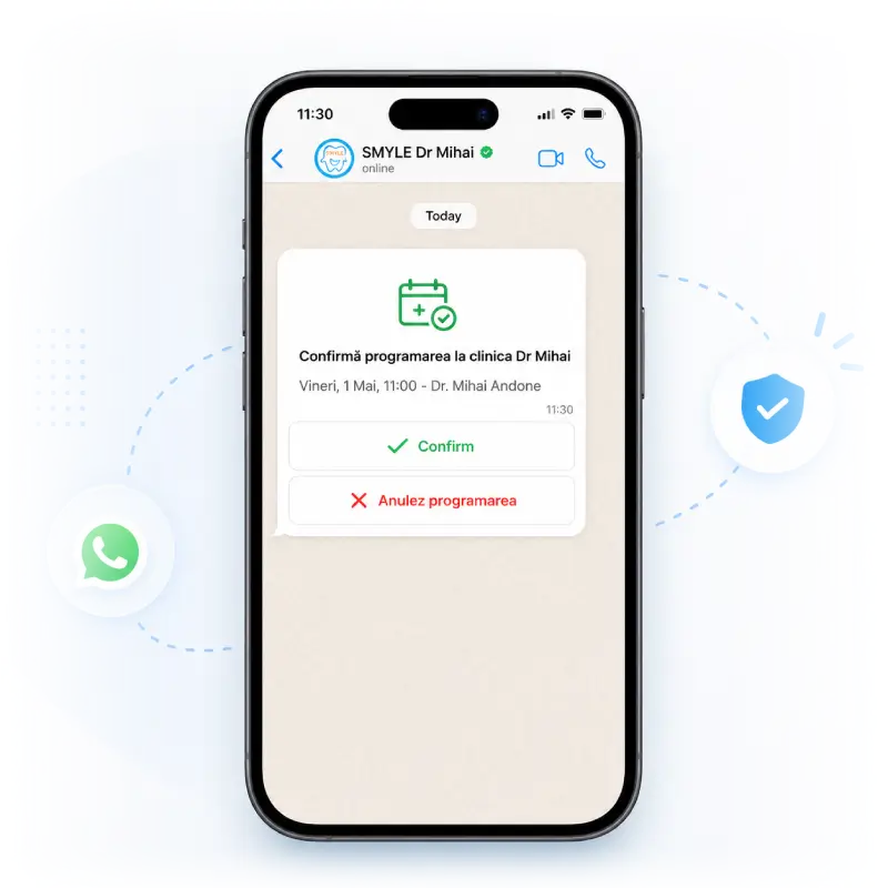 Confirmare automată programare stomatologie pe WhatsApp în aplicația SMYLE