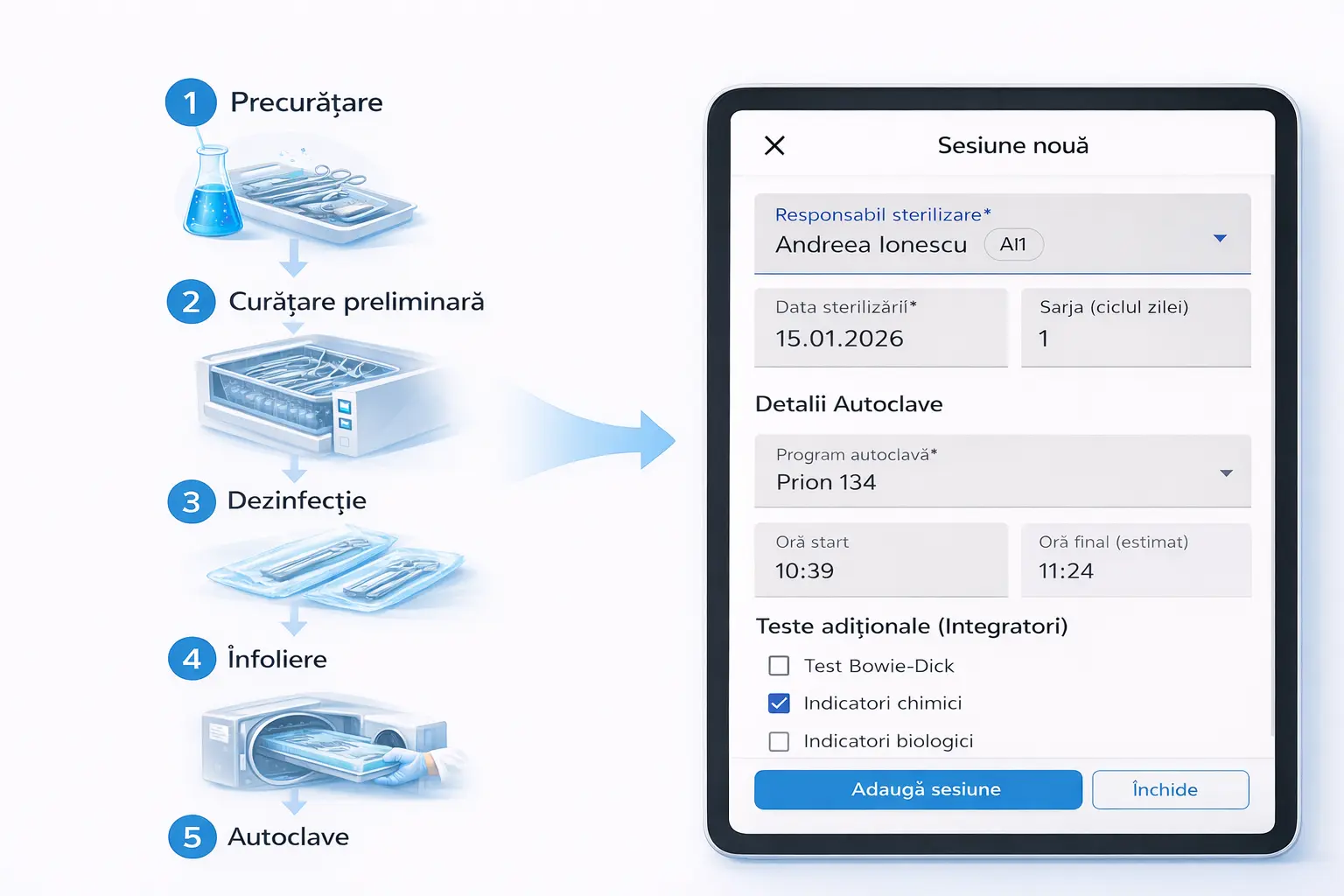 Proces digital de sterilizare a instrumentarului stomatologic, cu cicluri și loturi