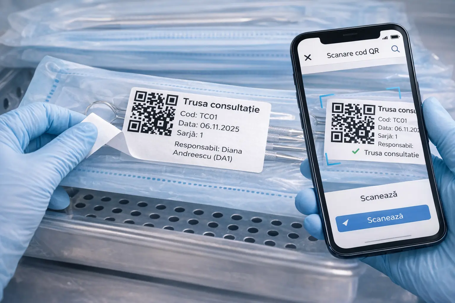 Etichetă QR pentru sterilizarea instrumentelor stomatologice, scanată cu telefonul