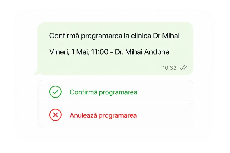 Pacient confirmă programare stomatologie cu un click din mesajul WhatsApp în aplicația SMYLE