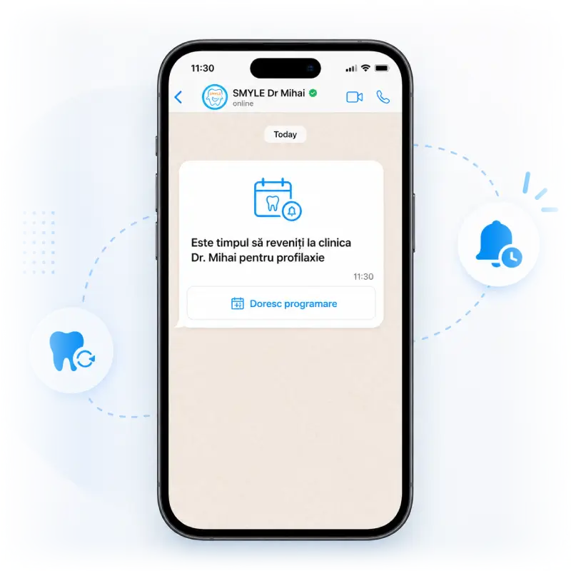 Trimitere automată recall pacienți pe WhatsApp și SMS în aplicația SMYLE stomatologie