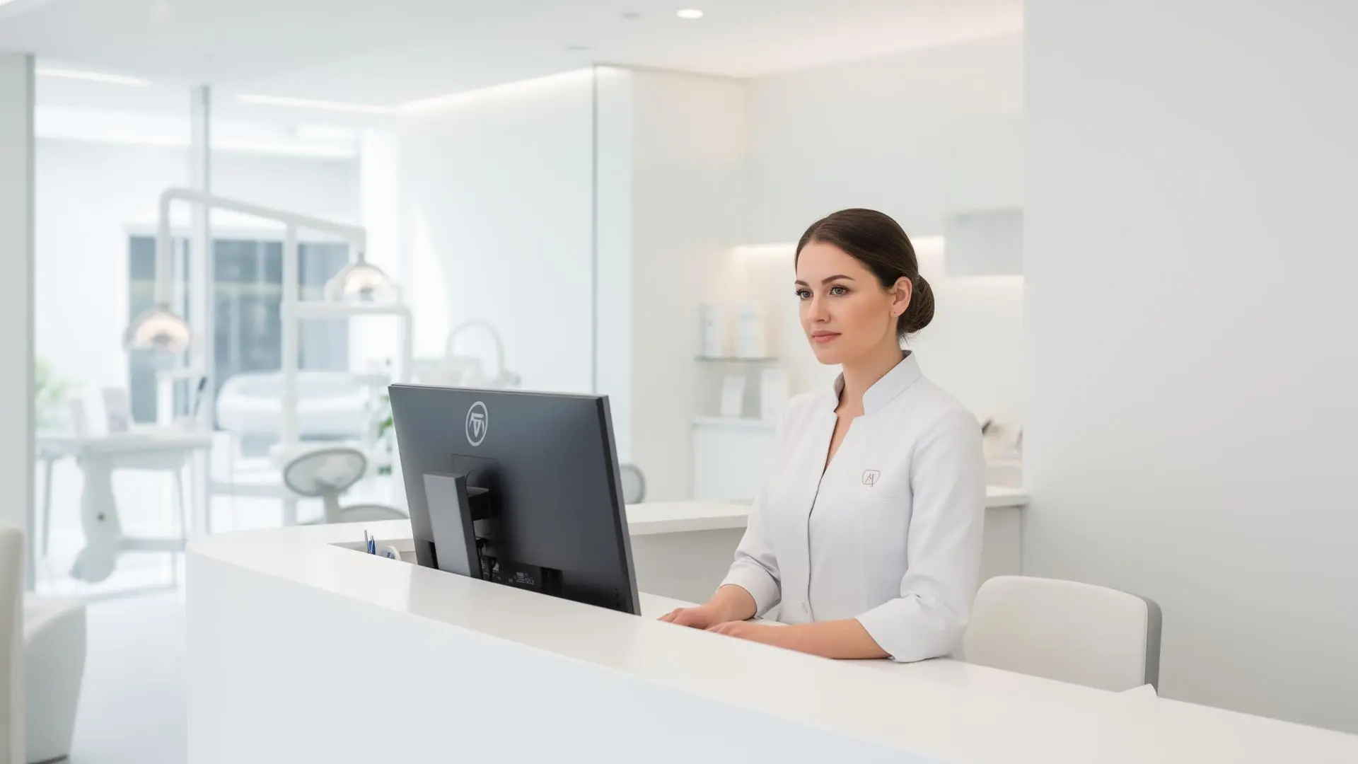 Recepționeră folosind calendarul de programări într-o clinică stomatologică