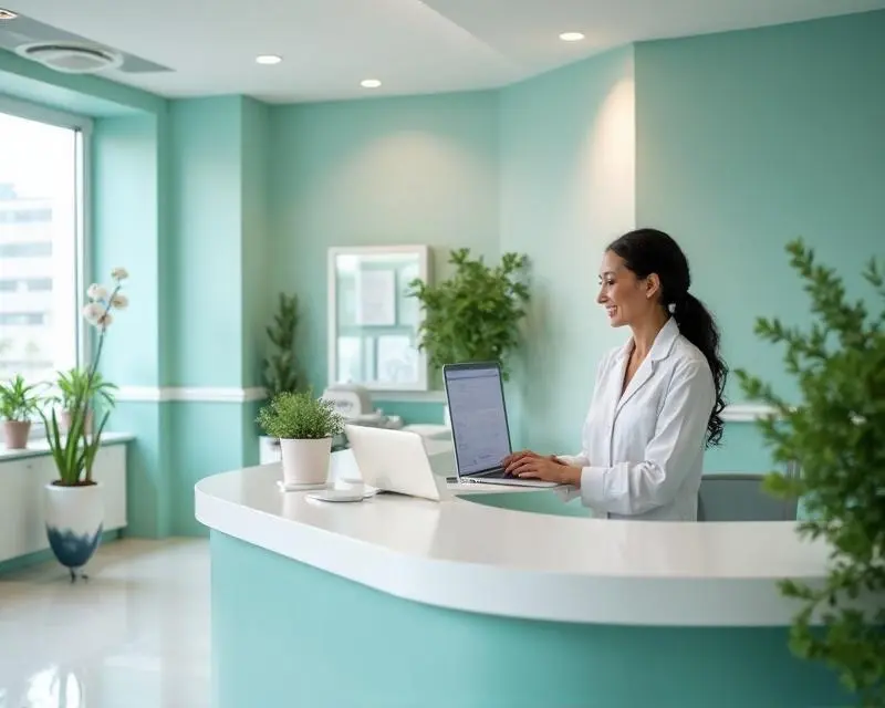 Recepționeră gestionând fișele pacienților într-o clinică stomatologică