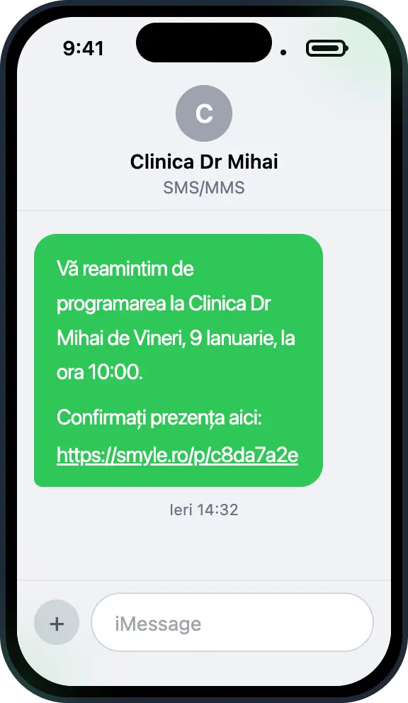 SMS de confirmare pentru programare stomatologică primit pe telefon
