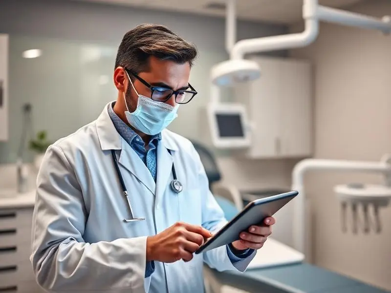 Medic folosind o tabletă pentru a gestiona programările și pacienții în clinică